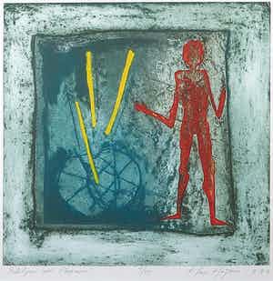 Hans Heijman - Ets, Rode figuur met ploegvorm - Ingelijst verkocht voor € 40!