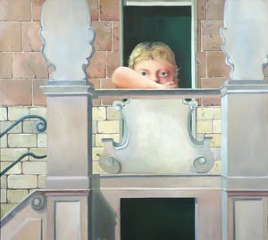 Frans Nicolai - Acryl op doek, Meisje op bordes - Ingelijst kopen? Bied vanaf 100!