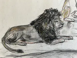 Cornelis Jan Mension - Tekening van een rustende leeuw en leeuwin, gemaakt in Artis kopen? Bied vanaf 85!