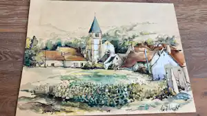 Buy Ru de Vries - Dorpsgezicht met kerk (Bourgogne)? Bid from 125!