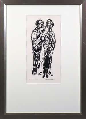 Fon Klement - Houtsnede, Het Kind en de Clowns - Ingelijst verkocht voor € 50!