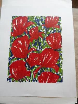 Ad van Hassel - Zeefdruk. Rode tulpen. kopen? Bied vanaf 25!