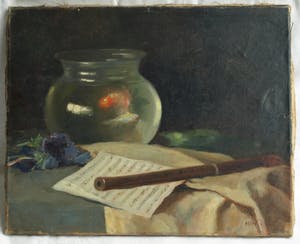 Frits Hes - Olieverf op doek, Stilleven met vissenkom en blokfluit – gesigneerd – ca 1950 kopen? Bied vanaf 100!