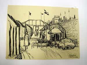 Ton Hoogendoorn - Nieuwe Haagse School - Inkt tekening "Scheveningen bad 1954" gesigneerd verkocht voor € 37!