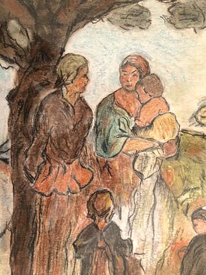 Niet of onleesbaar gesigneerd - Boerengezinnen - Krijttekening, Fraai Ingelijst kopen? Bied vanaf 1!