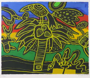 Corneille - Zeefdruk, Palmboom met dieren - Ingelijst kopen? Bied vanaf 300!