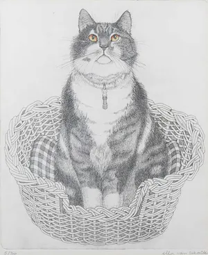 Ella van Schaik - Ets, Zittende lapjeskat - Ingelijst kopen? Bied vanaf 35!