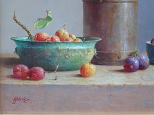 Hans Habraken - Oud keteltje en 2 schalen met pruimen. kopen? Bied vanaf 750!