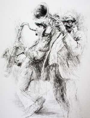 Piet Klaasse - Litho: 2 jazz muzikanten - 1984 verkocht voor € 55!