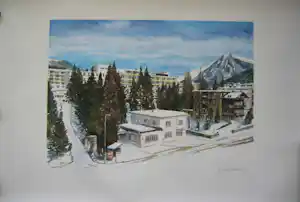 Jan Ernst Douma - Aquarel: Davos waarin het Astmacentrum figureert - by Jan Ernst Douma kopen? Bied vanaf 200!