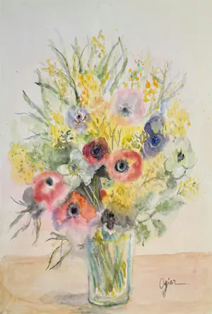 Marie Louise Ogier - Anemonen und Mimosen – großes, hochwertiges Ölgemälde kopen? Bied vanaf 150!
