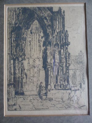 Martin van Waning - Ets met de ingang van een kathedraal. kopen? Bied vanaf 20!