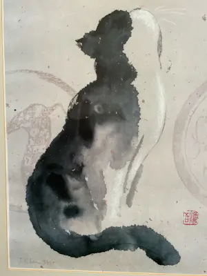 Dehong Chen - Zittende Kat, waterverf, offset, gesigneerd in de druk kopen? Bied vanaf 40!