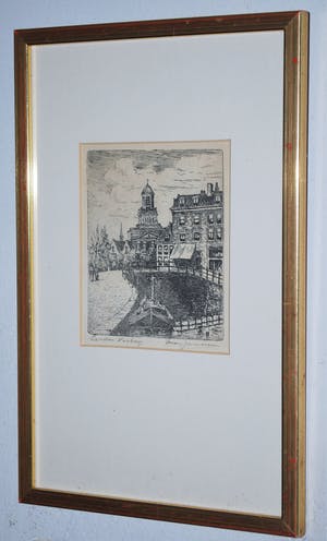 Marius Johannes Janssen - Leiden, Visbrug - ets - fraai ingelijst kopen? Bied vanaf 35!