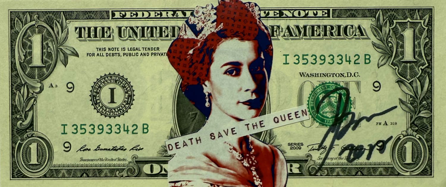 Death NYC - Collage op Amerikaanse Dollar | 'Death save the Queen' | 2012 verkocht voor € 20!