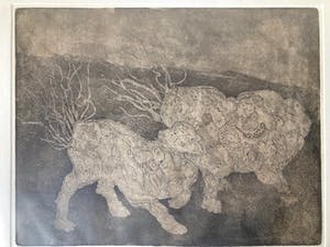 Paula Sluiter - Chinese Leeuwen - Ets/aquatint, Ingelijst kopen? Bied vanaf 75!