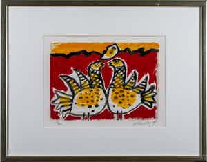 Corneille - Zeefdruk, L'oiseaux et la lune - Ingelijst verkocht voor € 160!