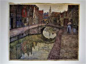 Niet of onleesbaar gesigneerd - omstreeks 1920 - grote Aquarel "Moeder en kind te Delft" gesigneerd verkocht voor € 10!