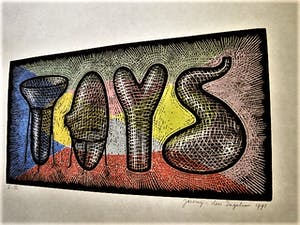 Jacomijn den Engelsen - Kleine Oplage (15 ex) originele PoP-Art Houtsnede "Toys" kopen? Bied vanaf 19!