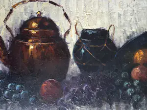 Peter Brouwer - Stilleven met fruit en flessen en potten. kopen? Bied vanaf 129!