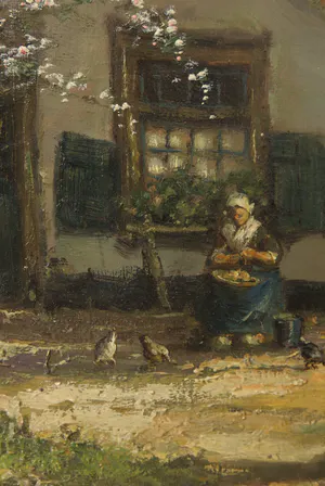 Ed. Stoffels - Olieverf op doek, Boerin op hoeve met bloesembomen kopen? Bied vanaf 150!