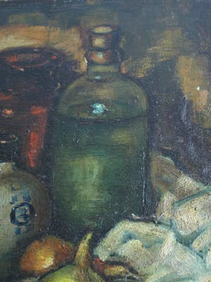 Niet of onleesbaar gesigneerd - Olieverf op doek, Stilleven met uien en flessen – gesigneerd kopen? Bied vanaf 10!