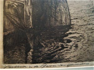 Jan Schonk - GROTE gesigneerde ets "Botters in Haven IJmuiden" omstreeks 1930 kopen? Bied vanaf 1!
