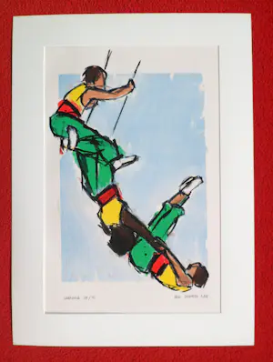 Ellen Meuwese - prachtige, kleurrijke grote zeefdruk. Trapeze artiesten. kopen? Bied vanaf 125!