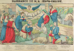 Niet of onleesbaar gesigneerd - Lot van twee handgekleurde litho's, Naissance de N.S. Jesus-Christ en Jesus entre deux Larrons kopen? Bied vanaf 1!