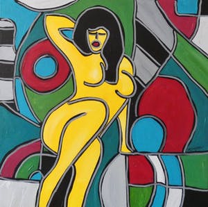 Patricia Kleyman - Acryl op doek. Titel, "Nu au vase rouge sur fond de cubisme ". kopen? Bied vanaf 120!