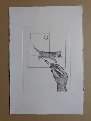 Roger Raveel - KAT IN VIERKANT / ZW-W ETS / 39x27cm / 2010 kopen? Bied vanaf 50!