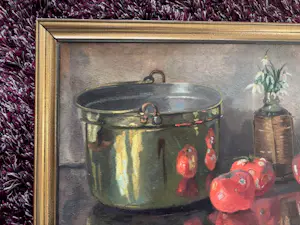 Adri Pieck - "het koperen pannetje": stilleven met tomaten en sneeuwklokjes kopen? Bied vanaf 195!