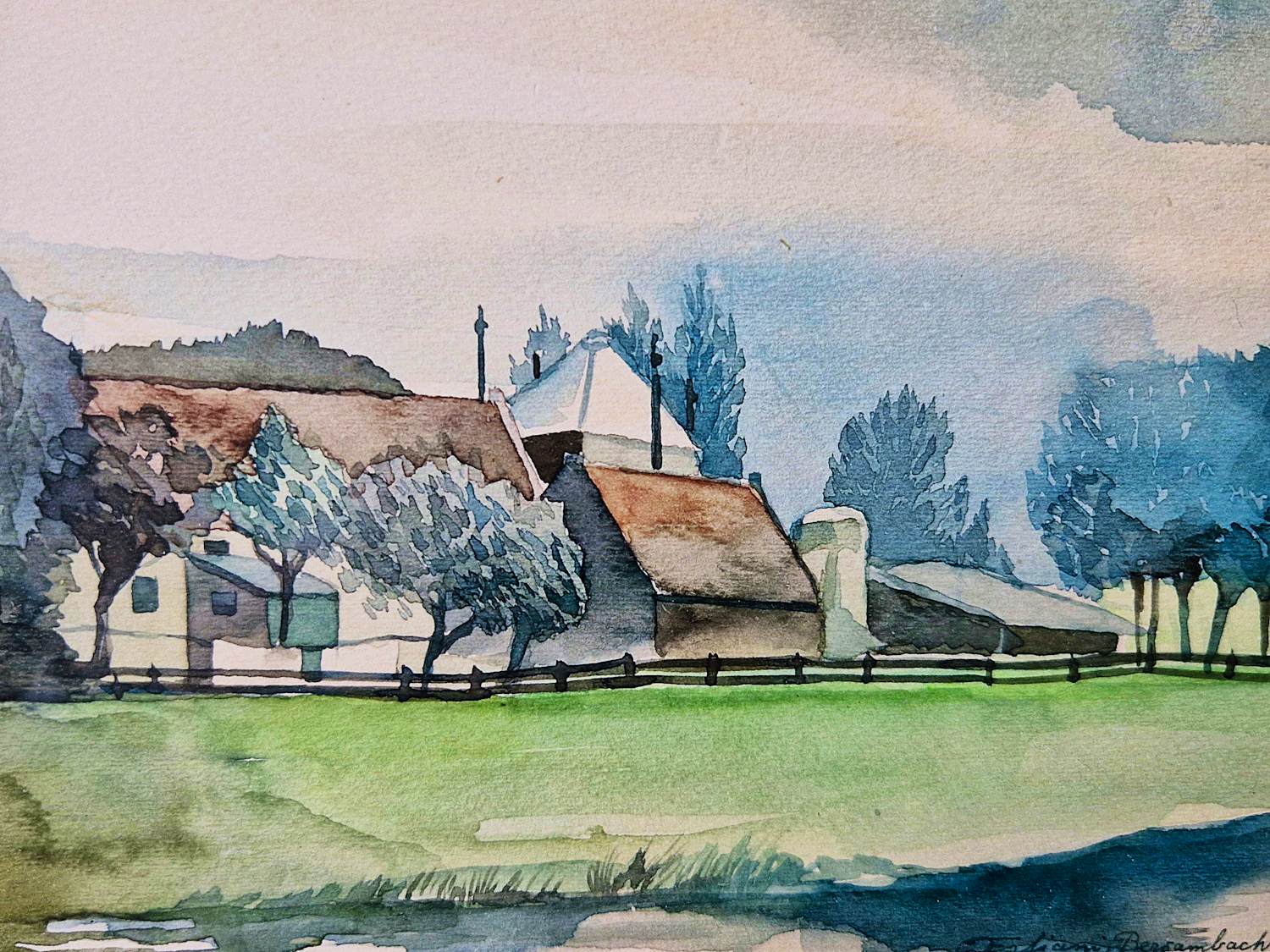 Cor Fafiani - Mooie "nieuwe zakelijkheid" aquarel "Bergambacht" - gesigneerd verkocht voor € 38!