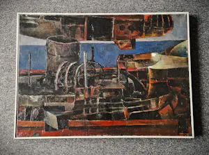 Gerard Leonard van den Eerenbeemt - Groot jaren 60 kubistisch olieverf op doek "schip en vliegtuig" gesigneerd kopen? Bied vanaf 52!