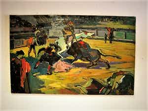 Daniel Wilhelm Bekking - Krachtig en met felle kleuren geschilderd "stierenvechten te Barcelona" - GROOT! verkocht voor € 120!