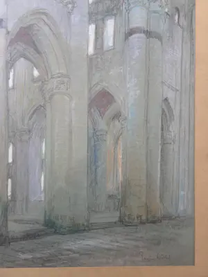 Eugene Lucker - Kerkinterieur. Pastelkrijt. Groot. kopen? Bied vanaf 369!