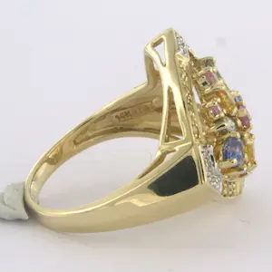 14k gouden ring met verschillende kleuren saffier en single cut diamant 0.03ct kopen? Bied vanaf 290!