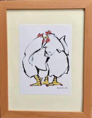 Ellen Meuwese - 2 kussende kippen, gesigneerd in druk en gelijst kopen? Bied vanaf 20!