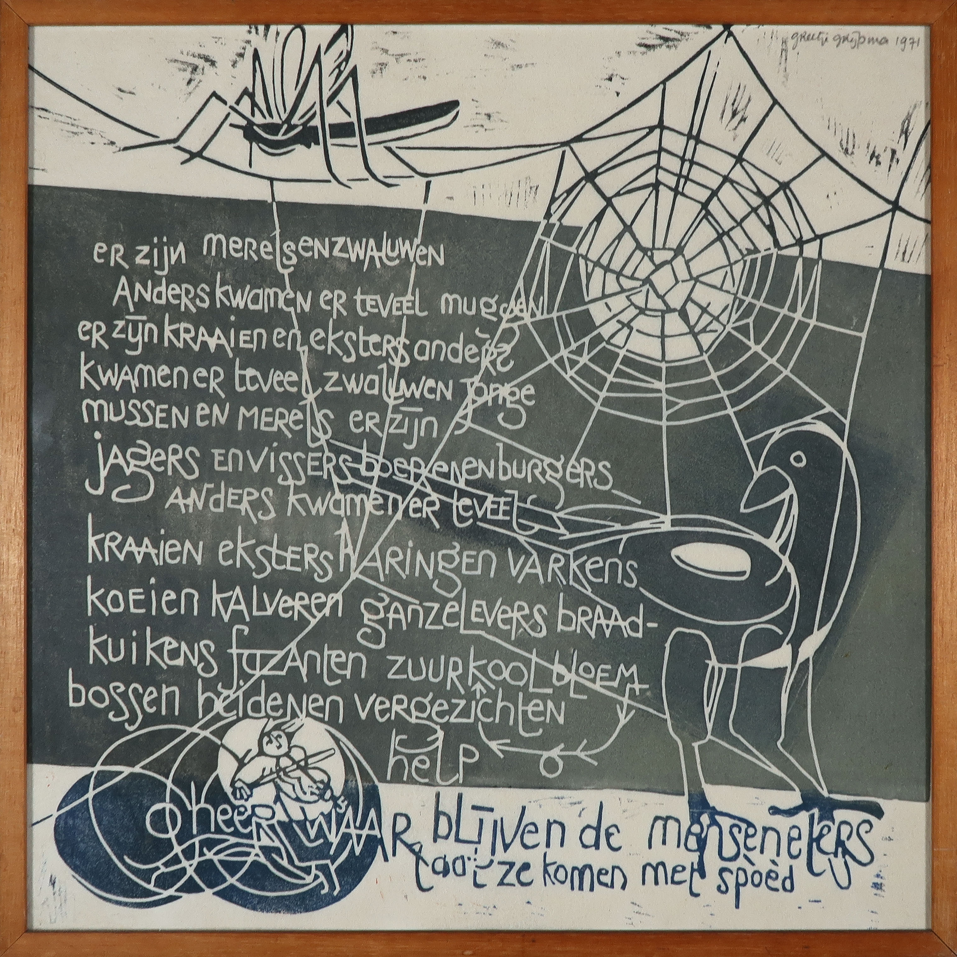 Greetje Grijpma - Monotype, Gedicht - Ingelijst verkocht voor € 35!