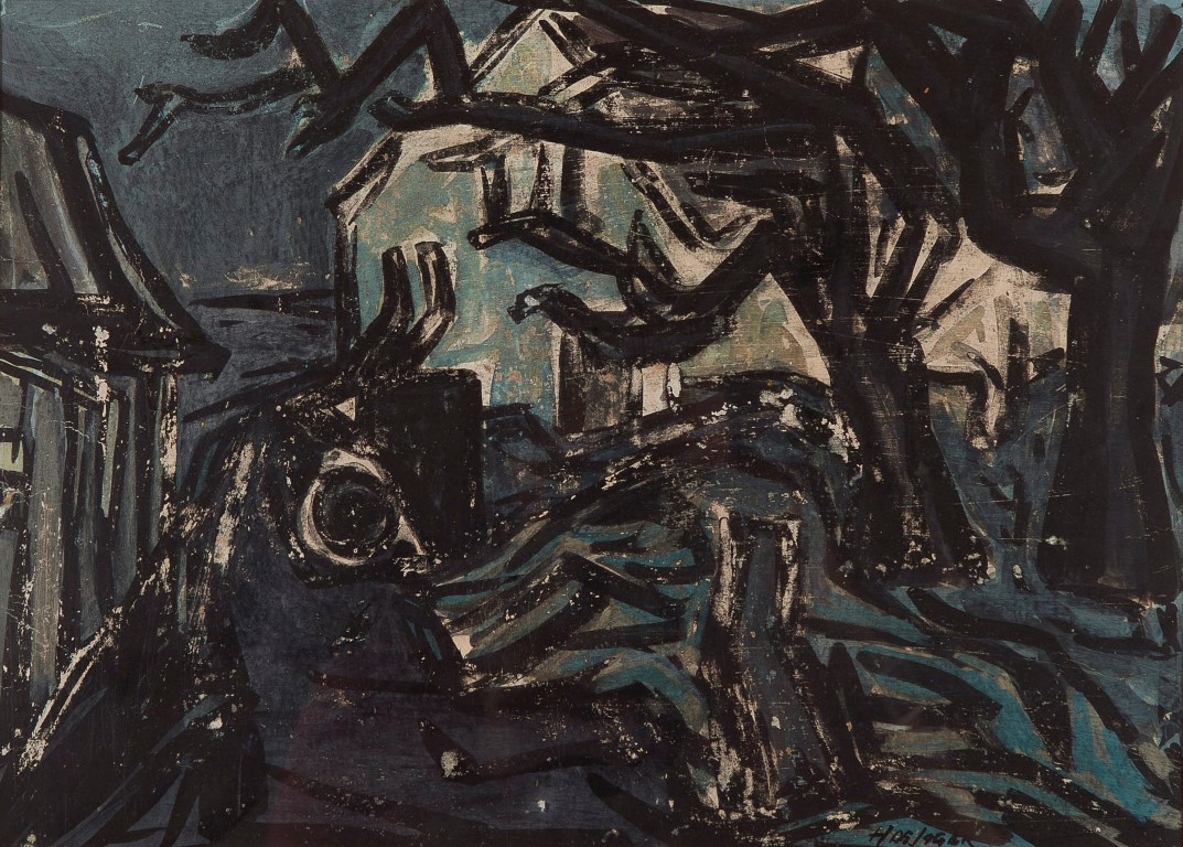 Harry de Jager - Boerderij de Nootdorp - Gouache en inkt op karton -BKR Den Ha verkocht voor € 10!