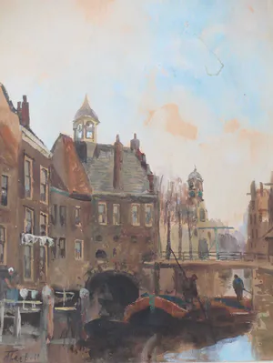 Adriaan Terhell - Hollandse stad met schippers in gracht - Aquarel kopen? Bied vanaf 40!