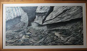 Mike Werkhoven - Grote ingelijste houtsnede "Kustlijn 8" kopen? Bied vanaf 1!