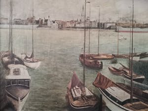 Niet of onleesbaar gesigneerd - Zicht op de jachthaven van Antwerpen met historisch stadscentrum op achtergrond kopen? Bied vanaf 1!