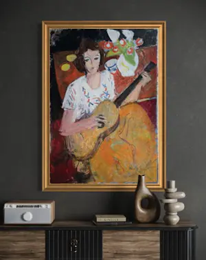 Rene Mels - Frau mit Gitarre – Großes und wunderschönes ausdrucksstarkes Gemälde kopen? Bied vanaf 800!