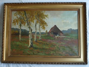 Andries Verleur - Groot olieverfschilderij, Landschap met schaapskooi – ingelijst – 1917 kopen? Bied vanaf 1!