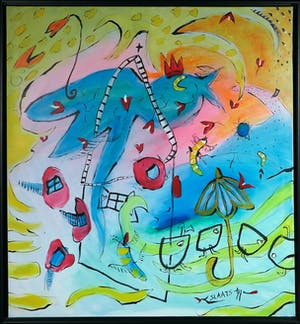 Miriam Slaats - Acryl op doek, Jubelend naar ons onsje(Groot) kopen? Bied vanaf 400!