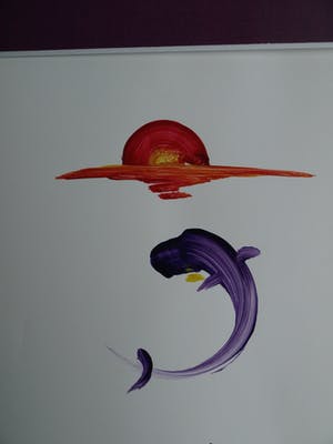 Niet of onleesbaar gesigneerd - ‘Gekaligrafeerde’ acrylverf op papier , Japan , Vissen / Karpers – ingelijst kopen? Bied vanaf 1!