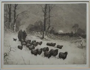 Sal Meijer - Ingelijste ets , Winterse wandeling met schapen in Laren (NH) kopen? Bied vanaf 60!