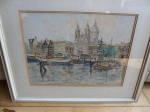 Jan den Hengst - Aquarel. zicht op de St. Nicolaaskerk te Amsterdam. kopen? Bied vanaf 35!