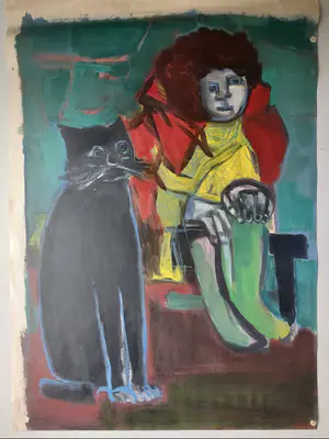 Dick Elffers - Gouache - Vrouw met kat kopen? Bied vanaf 50!